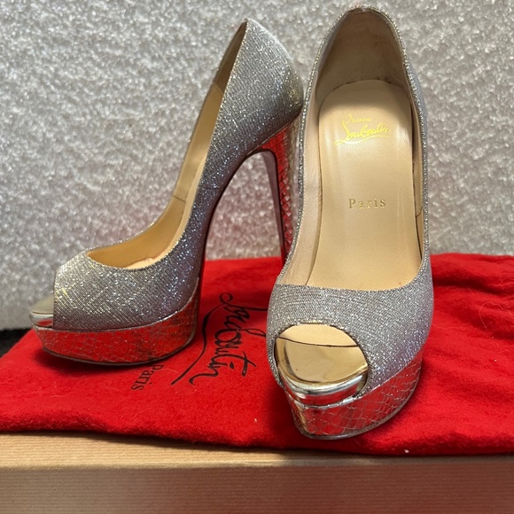 Christian Louboutins Lady Peep Glittex Size 7.5 - Picture 1 of 10